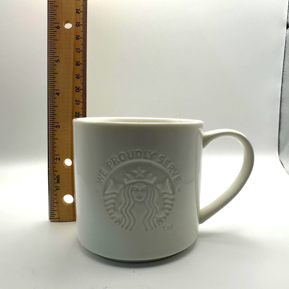 Starbucks 12 Oz Coffee Mug/Cup Embossed 3D White‎ We Proudly Serve Mermaid Logo